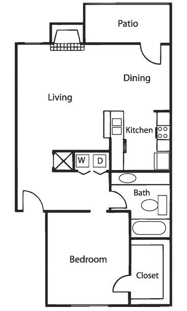Floor plan for 1 bed, 1 bath, 705 sqft